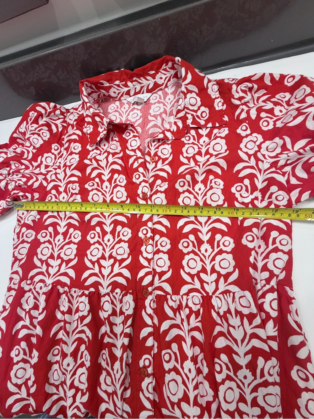 Crown & Ivy Red White Floral Tiered Midi Shirt Dress w/ Pockets Size L - Picture 7 of 9